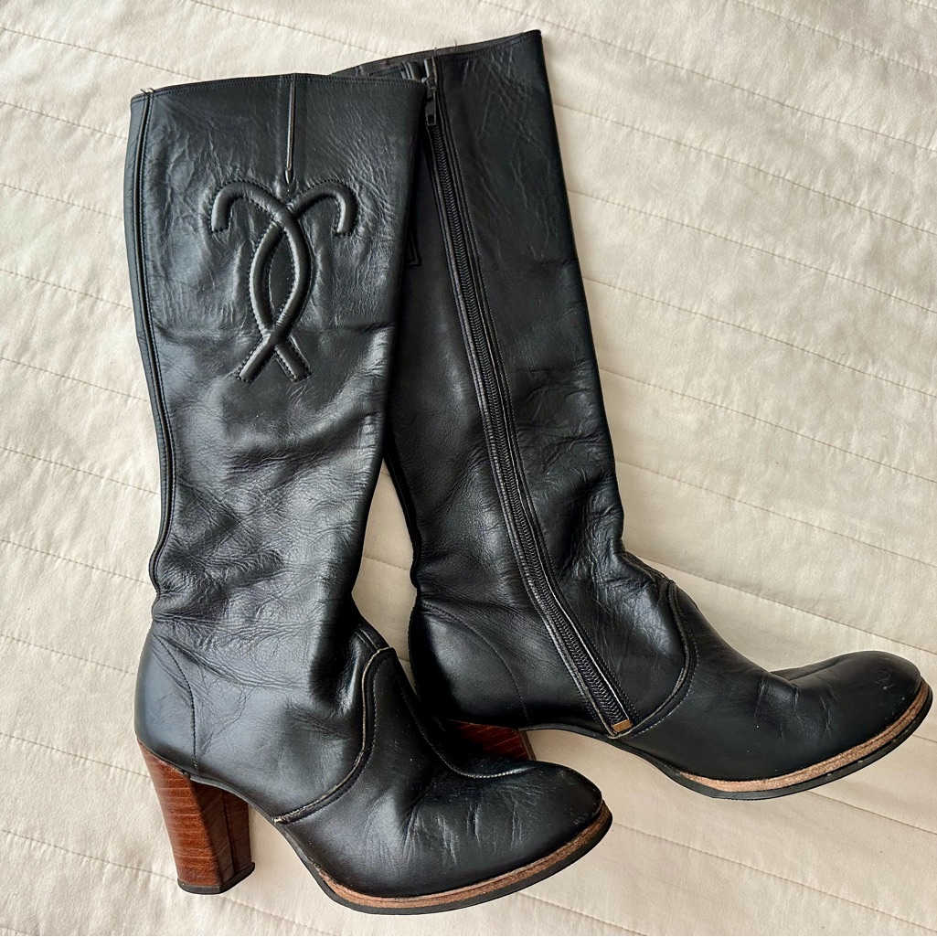 Vtg 70s Sbicca Black Leather Heeled Boots 7m Wow!